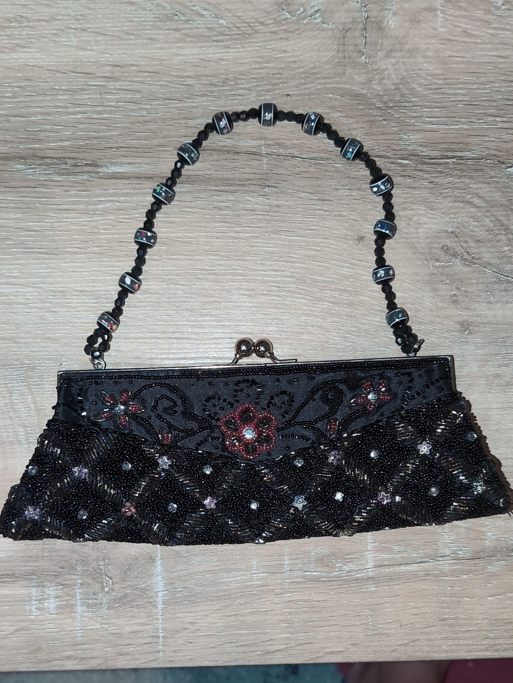 Vintage Black Beaded Evening Clutch with Floral Detail